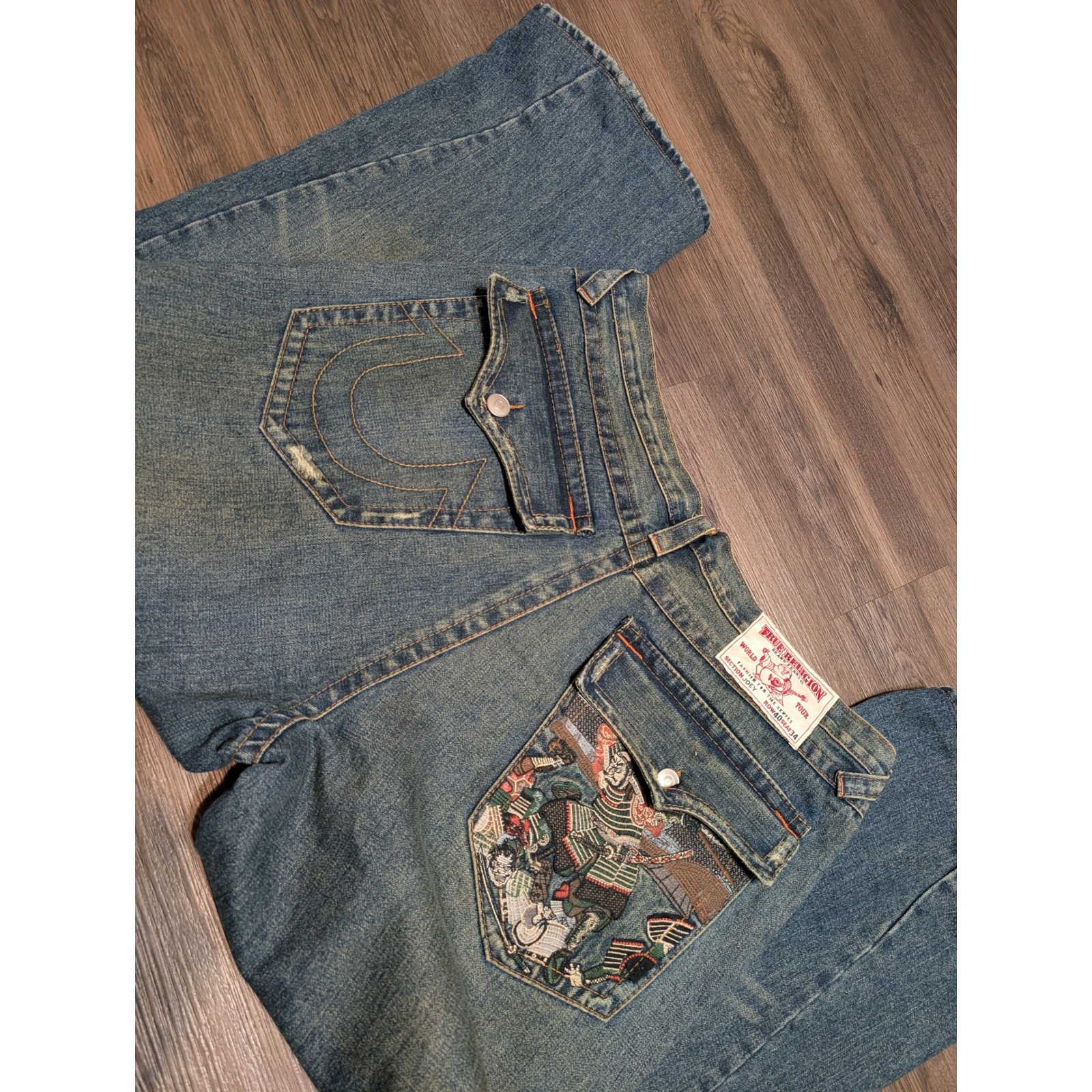 True Religion Joey Samurai Graphic Flare Jeans Mens 40x29 Twisted Seam